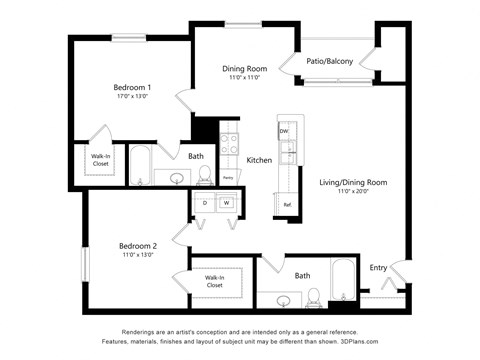 Floor plan for 2 beds, 2 baths, 1107 sqft