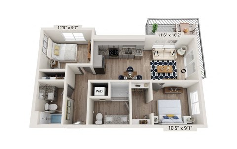 Floor plan for 2 beds, 2 baths, 720 sqft