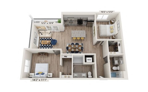 Floor plan for 2 beds, 2 baths, 980 sqft