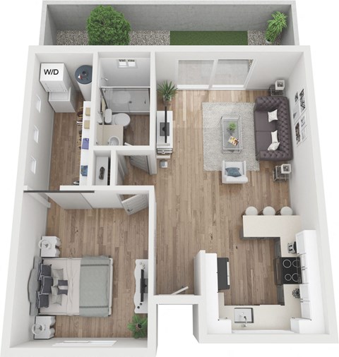 Floor plan for 1 bed, 1 bath, 676 sqft