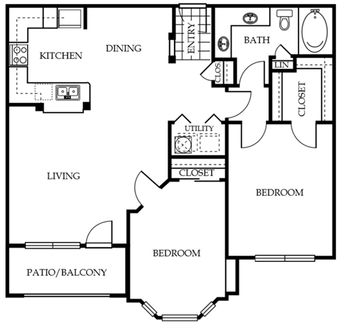 Floor plan for 2 beds, 1 bath, 979 sqft