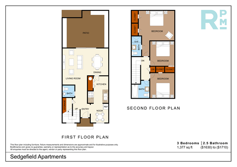 Floor plan for 3 beds, 2.5 baths, 1377 sqft