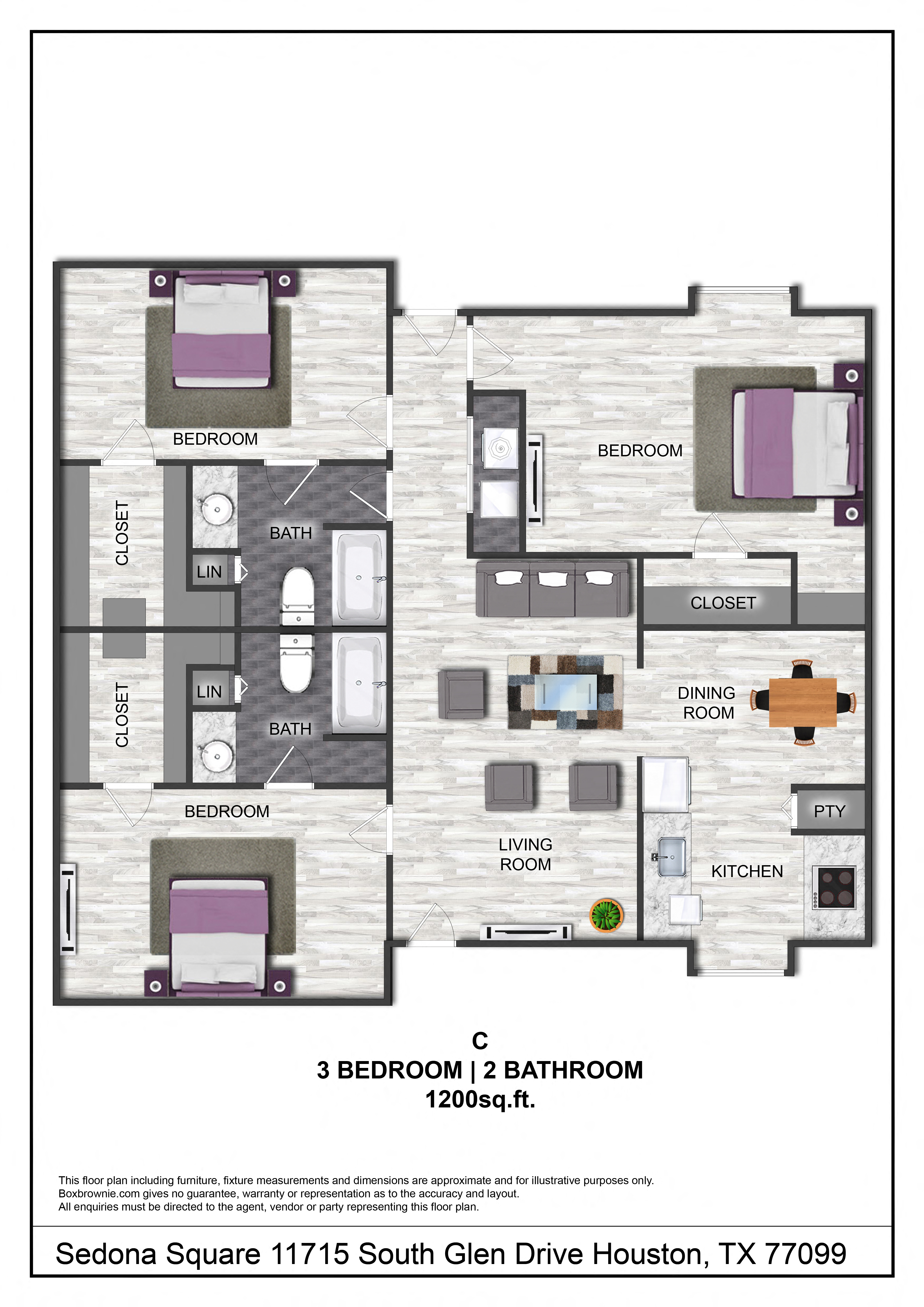 Floor plan for 3 beds, 2 baths, 1200 sqft