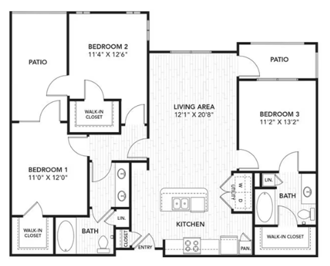Floor plan for 3 beds, 2 baths, 1286 sqft