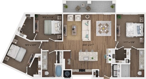 Floor plan for 3 beds, 2 baths, 1328 sqft