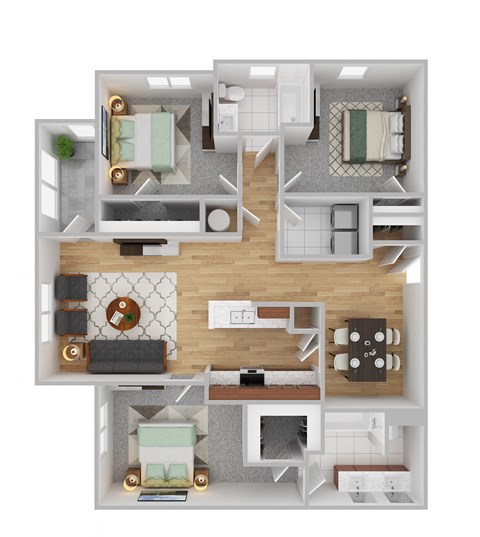 Floor plan for 3 beds, 2 baths, 1249 sqft