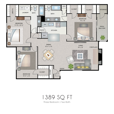 Floor plan for 3 beds, 2 baths, 1389 sqft