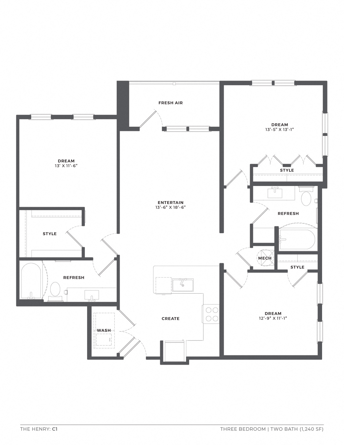 Floor plan for 3 beds, 2 baths, 1240 sqft