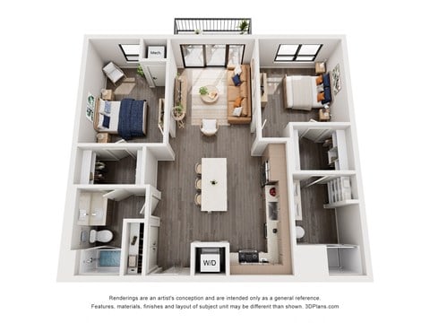 Floor plan for 2 beds, 2 baths, 1029 sqft