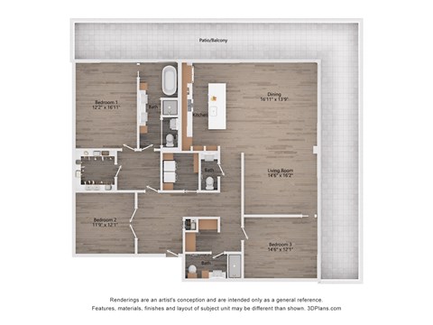 Floor plan for 3 beds, 2 baths, 2051 sqft