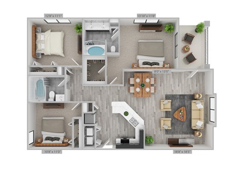Floor plan for 3 beds, 2 baths, 1265 sqft