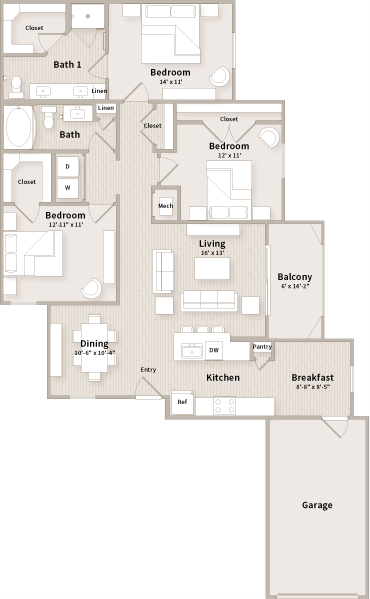 Floor plan for 3 beds, 2 baths, 1415 sqft