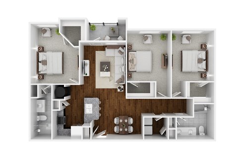Floor plan for 3 beds, 2 baths, 1380 sqft