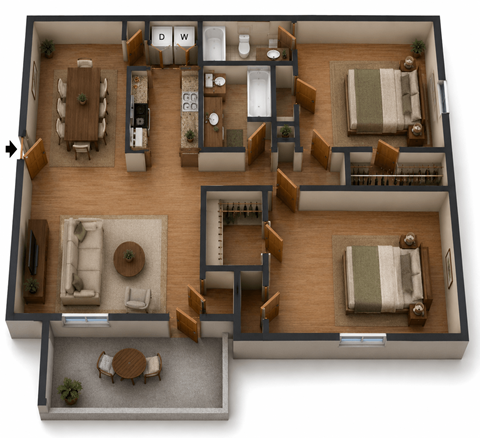 Floor plan for 2 beds, 2 baths, 1154 sqft
