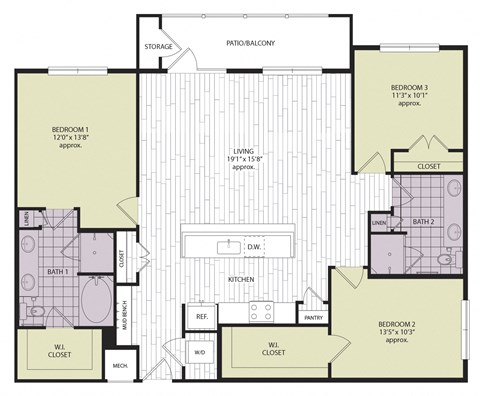 Floor plan for 3 beds, 2 baths, 1477 sqft