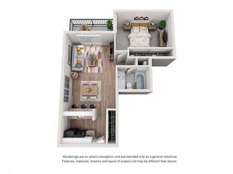 Floor plan for 1 bed, 1 bath, 679 sqft