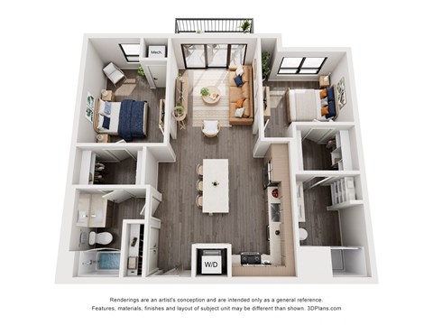 Floor plan for 2 beds, 2 baths, 1012 sqft
