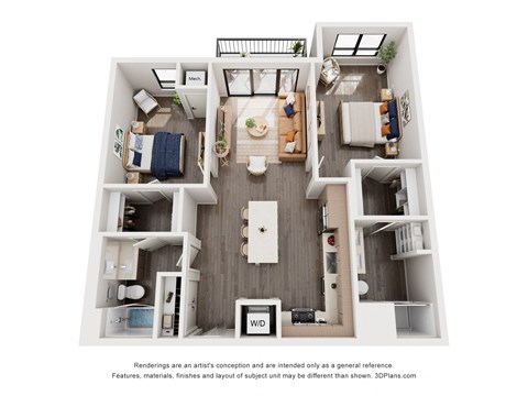 Floor plan for 2 beds, 2 baths, 1061 sqft