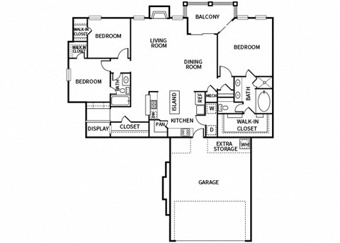 Floor plan for 3 beds, 2 baths, 1586 sqft