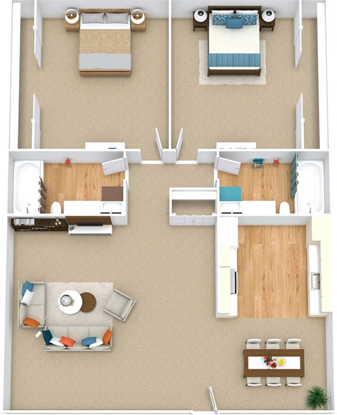 Floor plan for 2 beds, 2 baths, 866 sqft