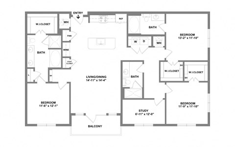Floor plan for 3 beds, 3 baths, 1615 sqft