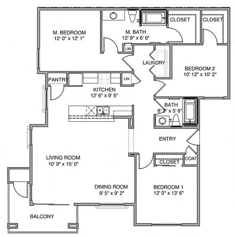 Floor plan for 3 beds, 2 baths, 1533 sqft