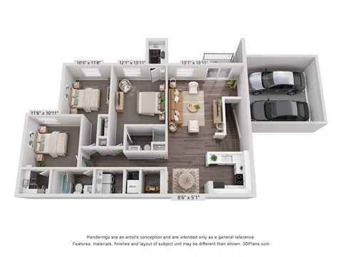 Floor plan for 3 beds, 2 baths, 1393 sqft