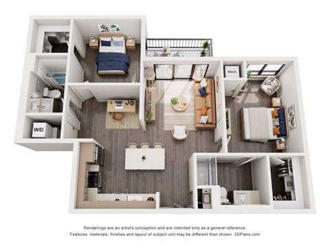 Floor plan for 2 beds, 2 baths, 1031 sqft