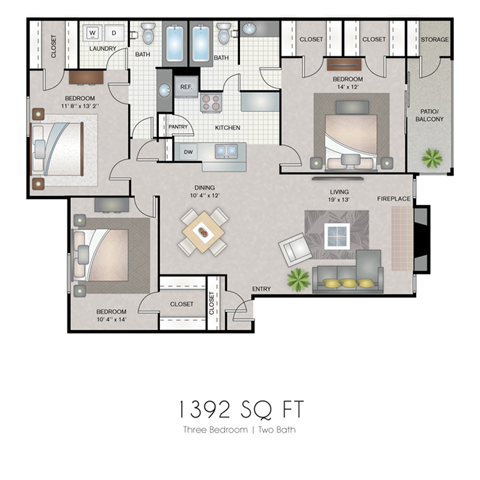 Floor plan for 3 beds, 2 baths, 1392 sqft