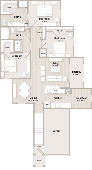 Floor plan for 3 beds, 2 baths, 1514 sqft