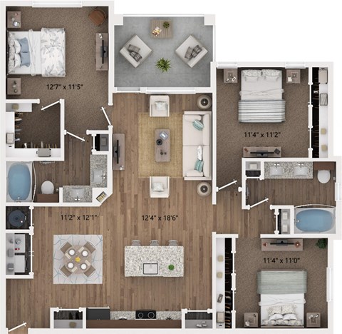 Floor plan for 3 beds, 2 baths, 1363 sqft
