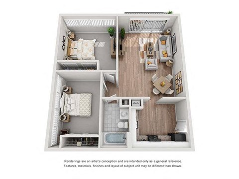 Floor plan for 2 beds, 1 bath, 877 sqft