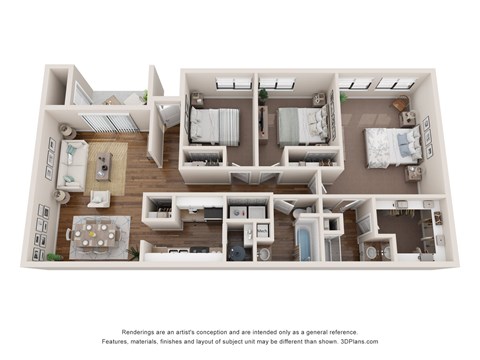 Floor plan for 3 beds, 2 baths, 1154 sqft