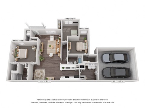 Floor plan for 3 beds, 2 baths, 1412 sqft