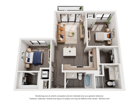 Floor plan for 2 beds, 2 baths, 965 sqft