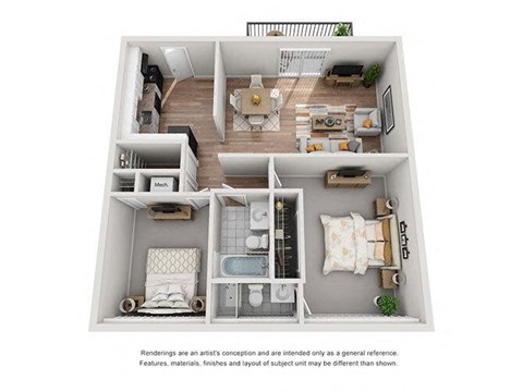 Floor plan for 2 beds, 2 baths, 1003 sqft