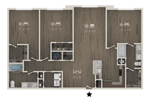 Floor plan for 3 beds, 2 baths, 1503 sqft