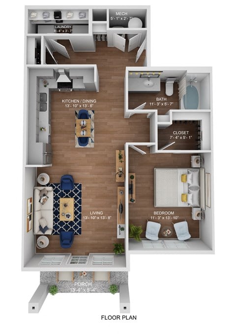 Floor plan for 1 bed, 1 bath, 763 sqft