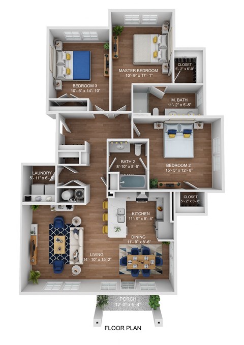 Floor plan for 3 beds, 2 baths, 1351 sqft