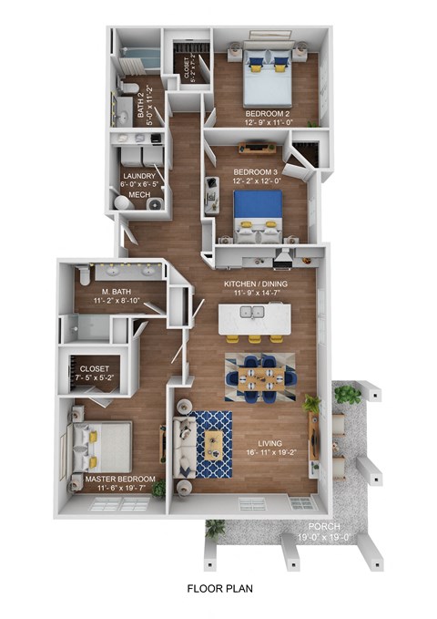 Floor plan for 3 beds, 2 baths, 1369 sqft