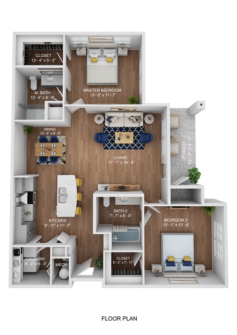 Floor plan for 2 beds, 2 baths, 1103 sqft