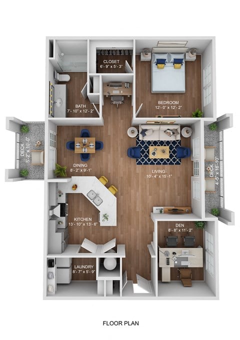 Floor plan for 1 bed, 1 bath, 967 sqft