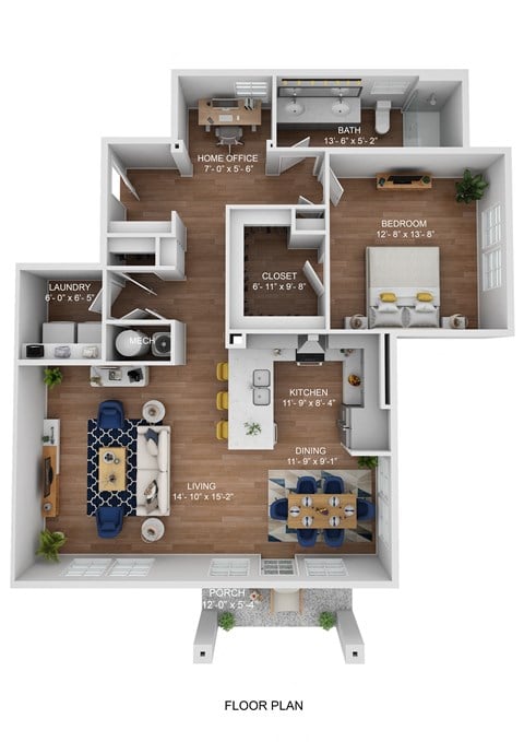 Floor plan for 1 bed, 1 bath, 993 sqft
