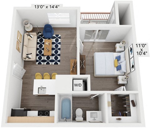 Floor plan for 1 bed, 1 bath, 615 sqft