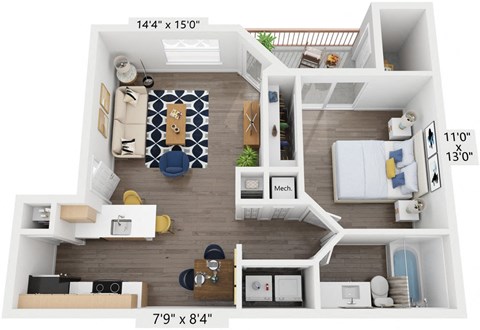 Floor plan for 1 bed, 1 bath, 750 sqft
