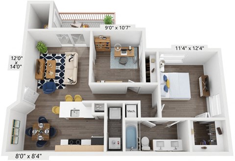 Floor plan for 2 beds, 1 bath, 915 sqft