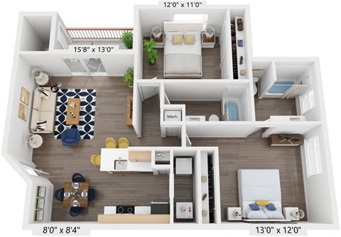 Floor plan for 2 beds, 2 baths, 1075 sqft