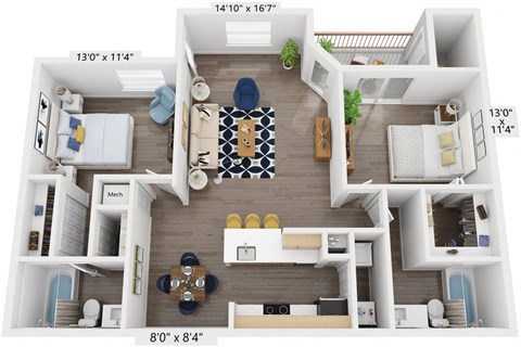 Floor plan for 2 beds, 2 baths, 1198 sqft