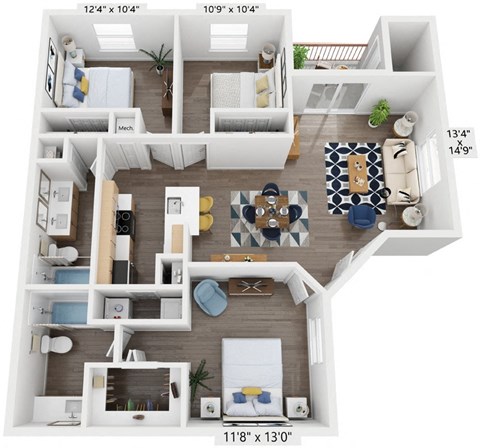 Floor plan for 3 beds, 2 baths, 1284 sqft