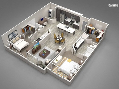 Floor plan for 2 beds, 2 baths, 1302 sqft